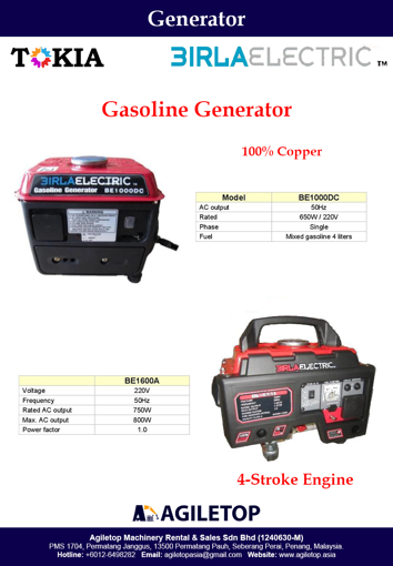 Generator - Gasoline - Birla BE1000DC & BE1600A