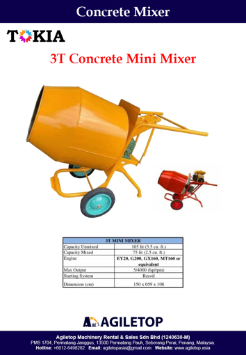 Concrete Mixer - Tokia 3T Mini Concrete Mixer